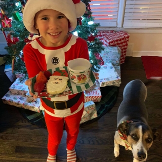 small girl in a Santa hat and pajamas holding milk and cookies with her dog standing next to her